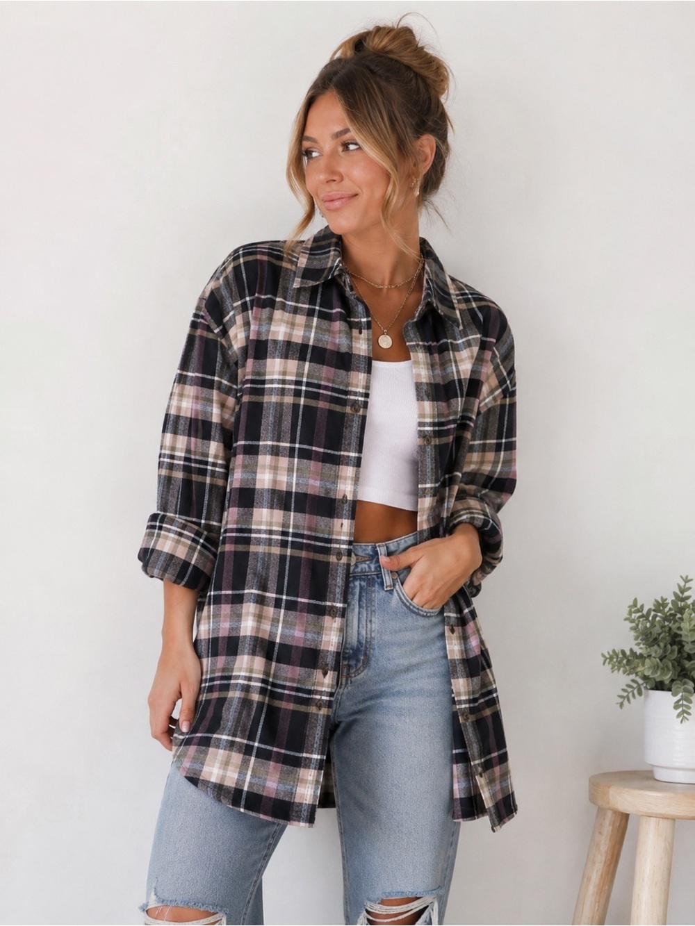 HUE Black & Pink Plaid Button-Down Shirt - Picture 4 of 7